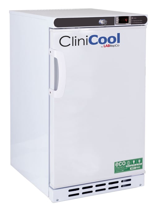 LabRepCo CliniCool Silver Series 2.5 Cu. Ft. built-in undercounter Medical-Grade Refrigerator for Vaccine Storage with a closed solid door and recessed handle on the side of the door