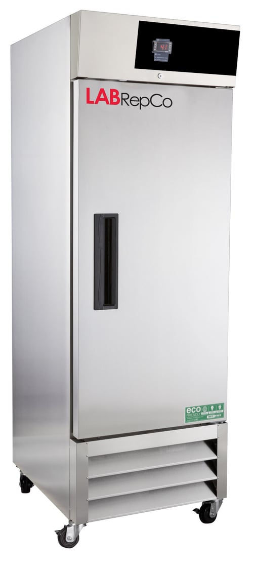 LabRepCo labeled Series freezer with 23 Cu. Ft. interior capacity with stainless steel exterior and door that is closed with a black recessed handle