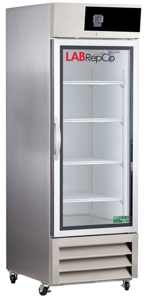 A Labrepco labeled Ultra Touch Series 23 cu. ft. laboratory refrigerator with a closed stainless steel glass door, pull door handle, and control panel at the top