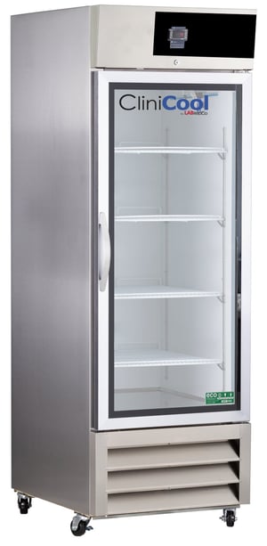 CliniCool labeled Silver Series 23 Cu. Ft. Pharmacy/Vaccine Refrigerator with stainless steel exterior and closed Hinged Glass Door, pull handle and temperature display at the top of the unit