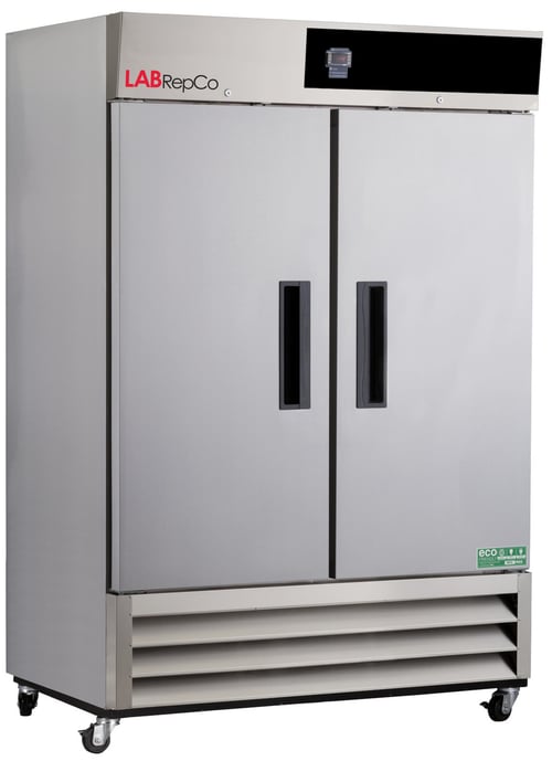 LabRepCo labeled Series freezer with 49 Cu. Ft. interior capacity with stainless steel exterior and double doors that are closed with a black recessed handles, also showing casters