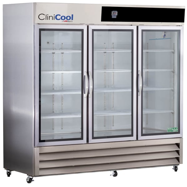 A Labrepco CliniCool Silver Series PRIME 72 Cu. Ft. Pharmacy Refrigerator with three Hinged Stainless-Steel Glass Doors