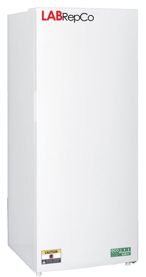 LabRepCo labeled freezer with 17 Cu. Ft. interior capacity that has a solid white exterior and closed door with recessed handle that is at the top of the unit