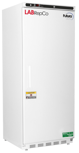 Futura labeled freezer with 20 Cu. Ft. interior capacity with solid white door that is closed with a recessed handle. Also has a temperature display and caution sticker on the front of the unit