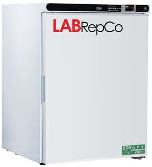 A Labrepco branded undercounter lab refrigerator with a 5.2 cubic foot internal capacity and a solid door that is closed