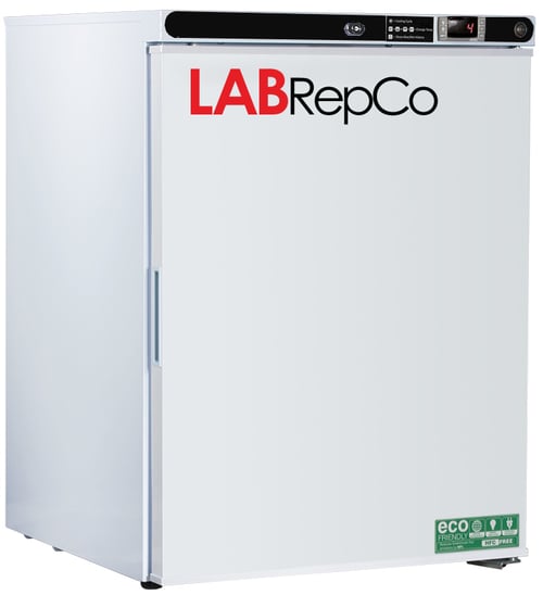 A Labrepco branded undercounter lab refrigerator with a 5.2 cubic foot internal capacity and a solid door that is closed