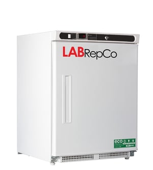 A Labrepco branded ADA compliant undercounter lab refrigerator with a 4.6 cubic foot internal capacity and a solid white door that is closed