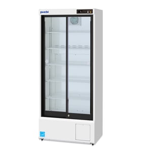 PHCbi MPR Series 12.2 Cu. Ft. Medical-Grade Refrigerator With sliding Glass Doors that are closed and but show shelving and interior fan