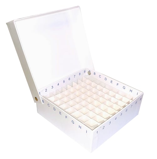 Standard 2" Fiberboard Boxes, Hinged Lid, With Gridlines and 81 Cell Dividers (Qty of 50) | White
