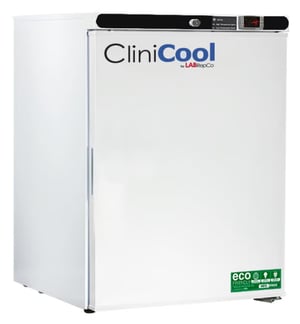 Clinicool labeled freezer with 4 Cu. Ft. interior capacity with solid white door that is closed with a recessed handle