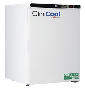a labrepco clinicool series freestanding undercounter vaccine storage freezers at -30C temperatures with a clinicool logo and eco friendly sticker