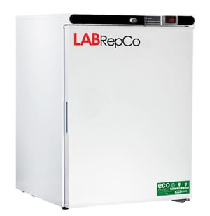 LabRepCo labeled Series freezer with 4 Cu. Ft. interior capacity with solid white door that is closed with a recessed handle. Also has a temperature display and key lock at the top of the unit