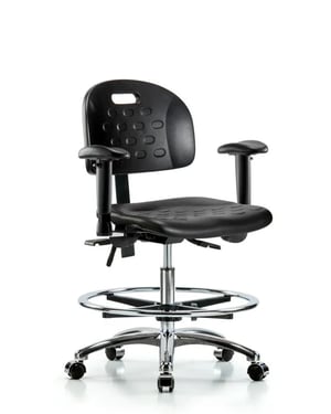 Newport Industrial Polyurethane Chair Chrome | Medium Bench Height with Adjustable Arms, Chrome Foot Ring, & Casters | Black