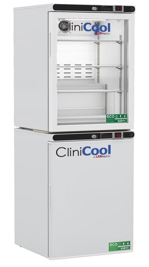 labrepco clinicool 9.2 cu.ft. Pharmacy/Vaccine Refrigerator and Freezer Stacked Combo unit with a glass upper door and solid lower door