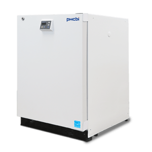 A PHCbi PR Series undercounter medical refrigerator with a 5 cubic foot internal capacity and a solid white door that is closed