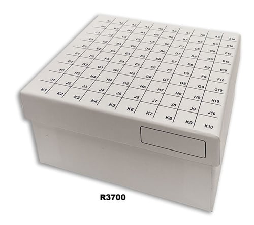 FlipTop™ Hinged Lid Fiberboard Freezer Rack 3" Boxes | 100-place cell dividers | White