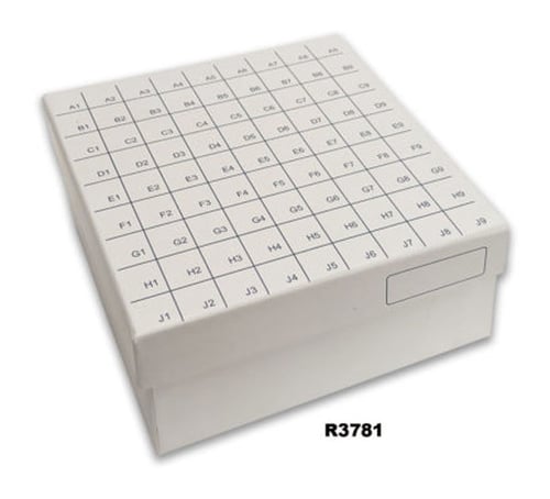 FlipTop™ Hinged Lid Fiberboard Freezer Rack 3" Boxes | 81-place cell dividers | White
