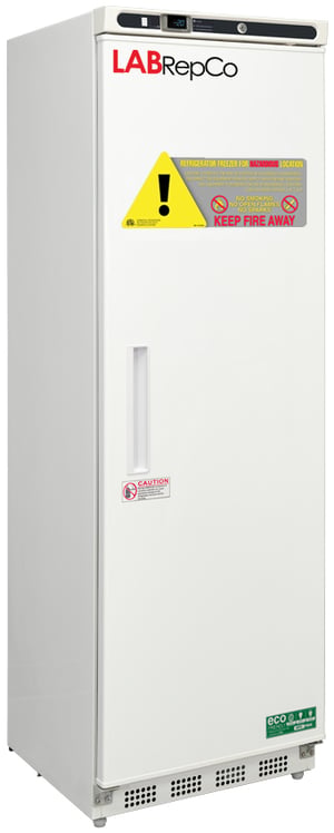 LabRepCo labeled Series freezer with 14 Cu. Ft. interior capacity with solid white door that is closed with a recessed handle. Also has a temperature display and key lock at the top of the unit and large warning sticker on the front of the unit
