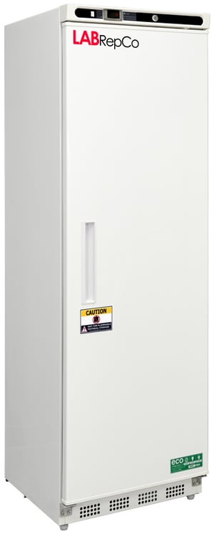 An upright Labrepco labeled Futura Silver Series 14 cu. ft. laboratory refrigerator with a closed solid door, recessed door handle and caution sticker