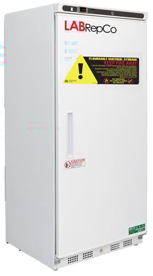 LabRepCo labeled Series freezer with 17 Cu. Ft. interior capacity with solid white door that is closed with a recessed handle. Also has a temperature display and key lock at the top of the unit and large warning sticker on the front of the unit