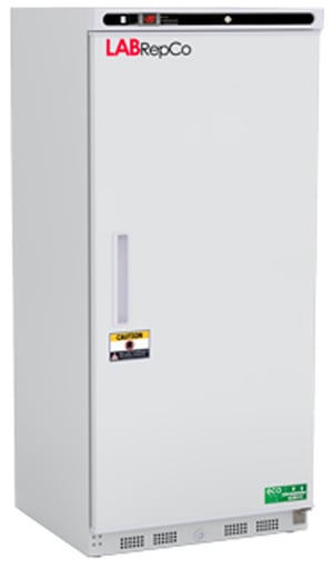 LabRepCo labeled freezer with 17 Cu. Ft. interior capacity that has a solid white exterior and closed door with recessed handle