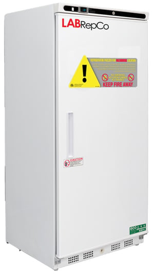 LabRepCo labeled Series freezer with 17 Cu. Ft. interior capacity with solid white door that is closed with a recessed handle. Also has a temperature display and key lock at the top of the unit and large warning sticker on the front of the unit