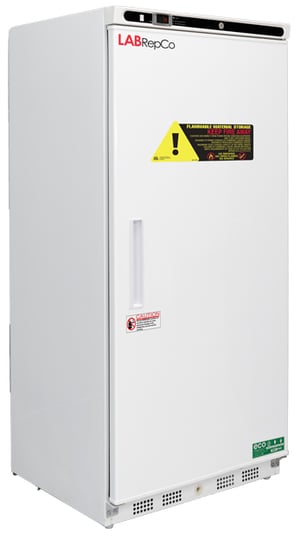 A labrepco 17 cubic foot laboratory fridge for flammable material storage with a labrepco label and warning sticker