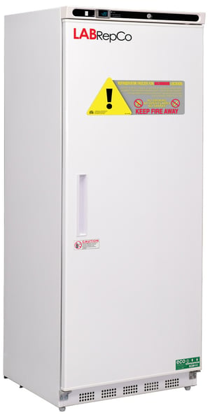 LabRepCo labeled Series freezer with 20 Cu. Ft. interior capacity with solid white door that is closed with a recessed handle. Also has a temperature display and key lock at the top of the unit and large warning sticker on the front of the unit