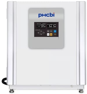 a PHCbi brand CO2 incubator with a touchscreencontrol panel showing 37 degrees and a phcbi logo