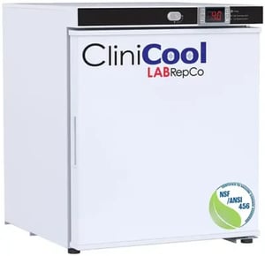 LabRepCo CliniCool Silver Series 1 Cu. Ft. Countertop or freestanding Medical-Grade Refrigerator for Vaccine Storage with a closed solid door and recessed handle on the side of the door