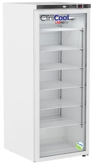 A Clinicool compact pharmacy refrigerator with a 10.5 cubic foot internal capacity and the glass door that is closed
