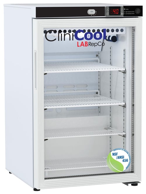 A labrepco CliniCool model 2.5 Cubic Foot Undercounter Medical-Grade/Vaccine Refrigerator with closed Glass Door and NSF certification