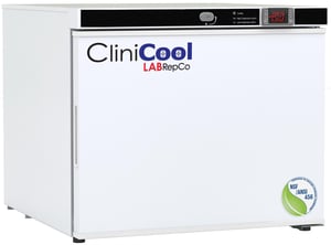 Clinicool labeled Series freezer with 1.3 Cu. Ft. interior capacity with solid white door that is closed with a recessed handle
