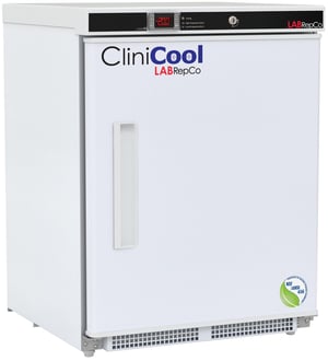 Clinicool labeled Series freezer with 4.2 Cu. Ft. interior capacity with solid white door that is closed with a recessed handle