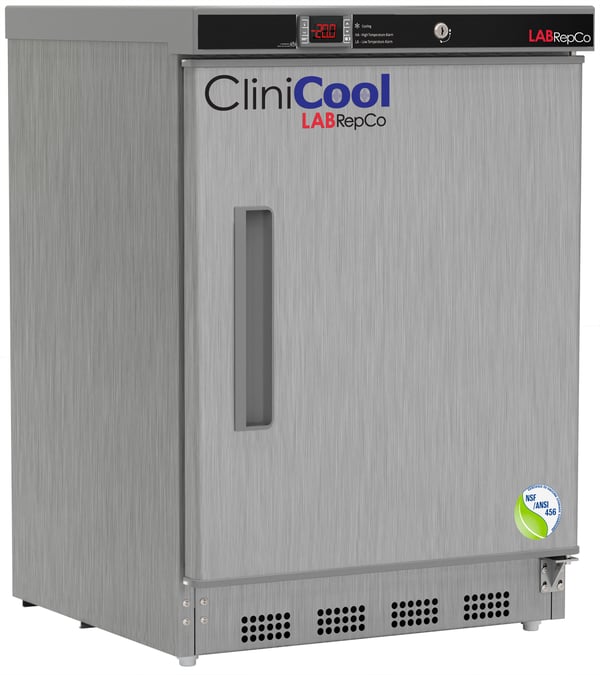 Clinicool labeled Series freezer with 4.2 Cu. Ft. interior capacity with stainless steel exterior and door that is closed with a recessed handle