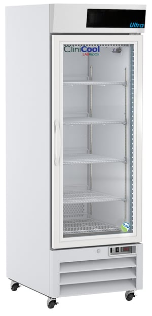A labrepco clinicool branded 23 cu. ft. pharmacy refrigerator with a closed glass door, pull handle and casters