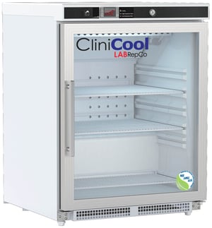 CliniCool labeled undercounter 4.6 Cu.Ft. Pharmacy Vaccine Refrigerator with closed glass door that is ADA compliant
