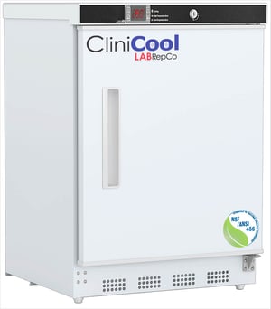 a labrepco clinicool series NSF certified 4.6 cu. ft. pharmacy refrigerator with solid door closed and sunken handle
