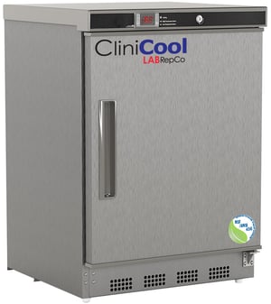 a labrepco clinicool series NSF certified 4.6 cu. ft. pharmacy refrigerator with closed door, sunken handle and stainless steel exterior