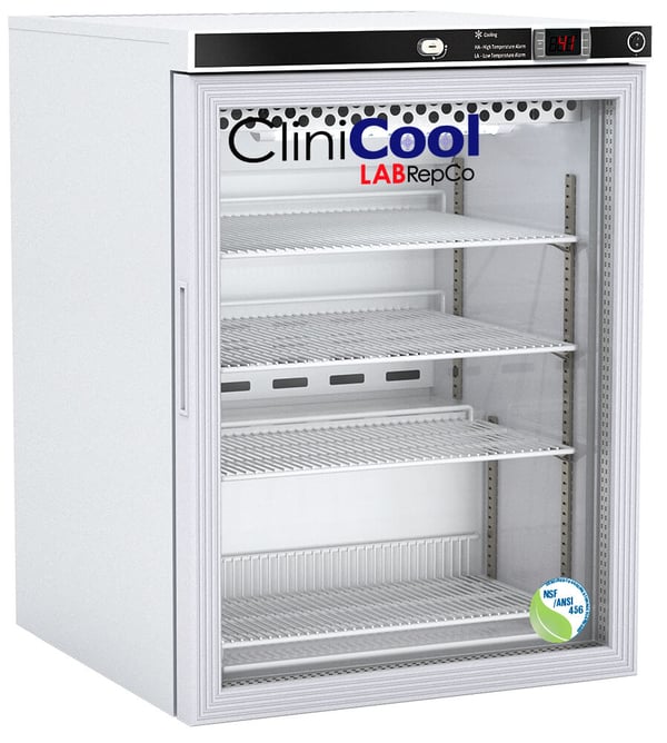 CliniCool labeled undercounter 5.2Cu.Ft. Pharmacy Vaccine Refrigerator with closed glass door