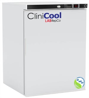 a labrepco clinicool series pharmacy and vaccine refrigerator with 5.2 cu.ft. interior space and a solid white door that is closed and sunken door handle