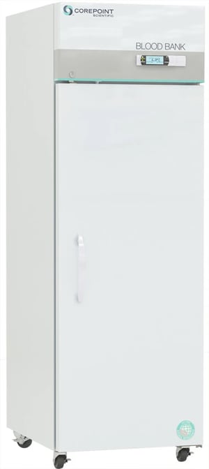 A Corepoint branded blood bank labeled Laboratory Refrigerator with LCD display screen at the top of the unit and closed solid Door, also showing casters