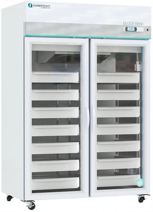 Corepoint Scientific Blood Bank Refrigerator 49 Cu. Ft. with closed Glass Double Doors that have pull handles and casters
