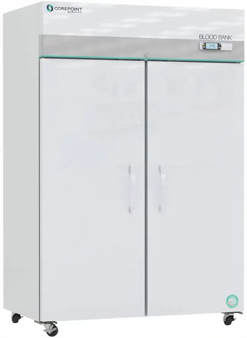 Corepoint Scientific Blood Bank Refrigerator 49 Cu. Ft. with closed solid Double Doors that have pull handles and casters