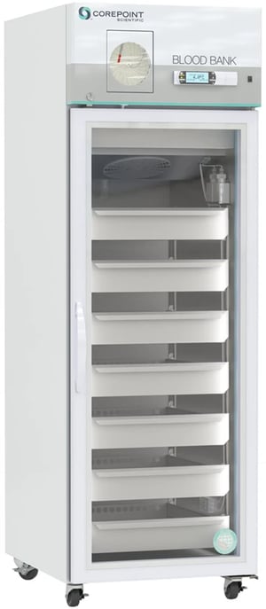 Corepoint Scientific branded Blood Bank Refrigerator w/ Chart Recorder 23 Cu. Ft. interior, closed Glass Door and casters