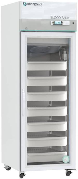 A Corepoint branded blood bank labeled Laboratory Refrigerator with LCD display screen at the top of the unit and closed Glass Door, also showing casters