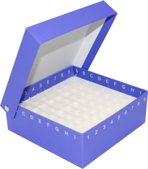 Standard 2" Fiberboard Boxes, Hinged Lid, With Gridlines and 81 Cell Dividers (Qty of 50) | Purple