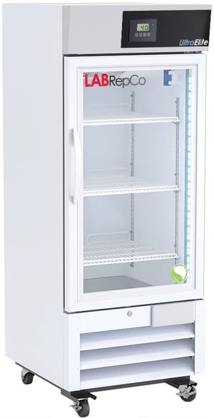 a labrepco Ultra Elite series 12 cu. ft. laboratory refrigerator with a closed glass door and casters
