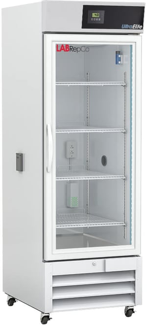 A labrepco ultra elite chromatography refrigerator with a 23 cubic foot internal capacity, a glass door that is closed, pull handle and control panel at the top