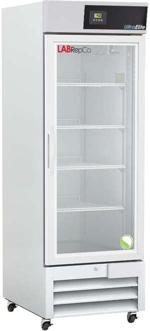 An upright Labrepco labeled 23 cu. ft. laboratory refrigerator with a closed glass door, pull door handle and control panel at the top